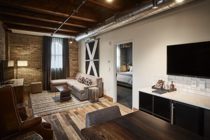 Living and dining area in one of our hotel suites in Minneapolis