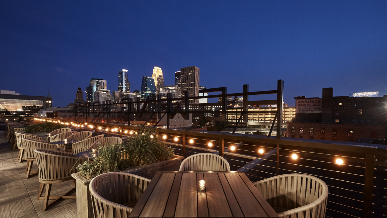 Night time rooftop view of the city from our hotel in downtown Minneapolis