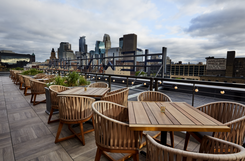 Downtown Minneapolis hotel rooftop overlooking the city