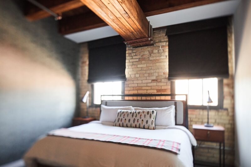 Wooden beam over a bed at our hotel in downtown Minneapolis