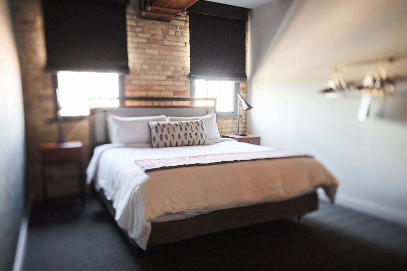 Hazy image of a bed at our hotel in Minneapolis