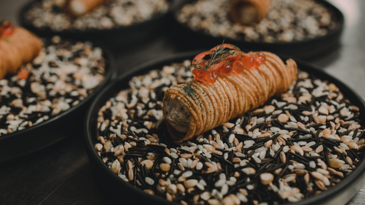 Rolled food dish on a bed of multi-grain rice at our Minneapolis downtown hotel