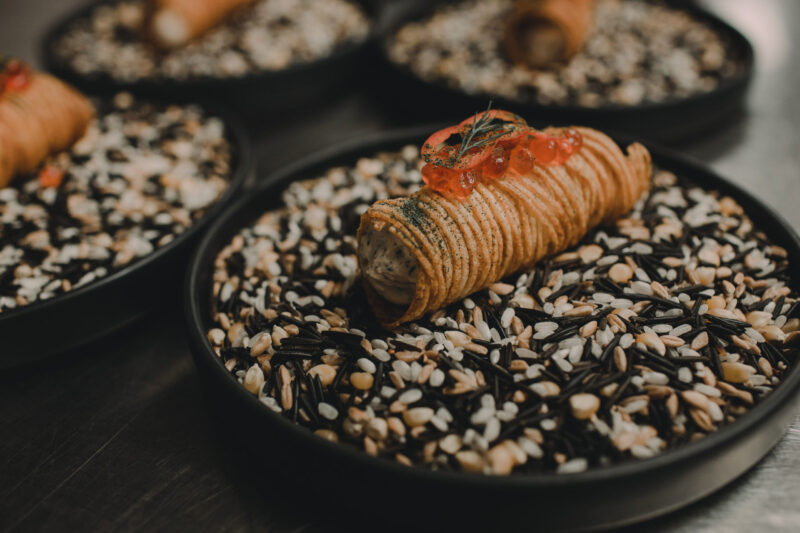 Rolled food dish on a bed of multi-grain rice at our Minneapolis downtown hotel