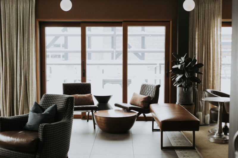 Floor-to-ceiling windows overlooking the snow at our boutique hotel in Minneapolis