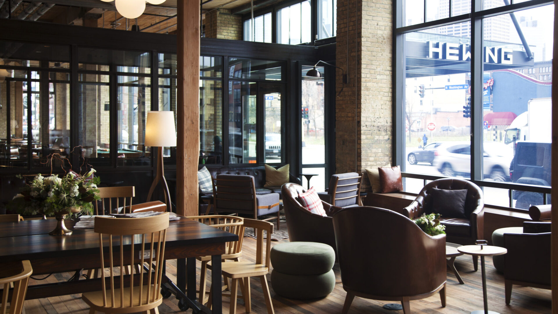 Seating area in our North Loop hotel's Minneapolis library lounge