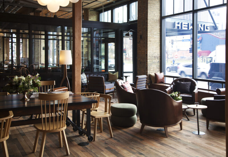 Seating area in our North Loop hotel's Minneapolis library lounge