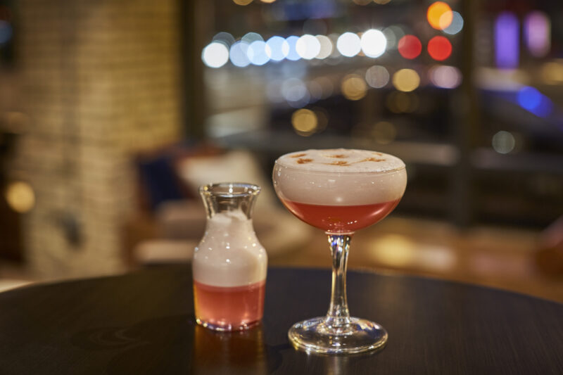 Foamy pink cocktail at our hotel in downtown Minneapolis